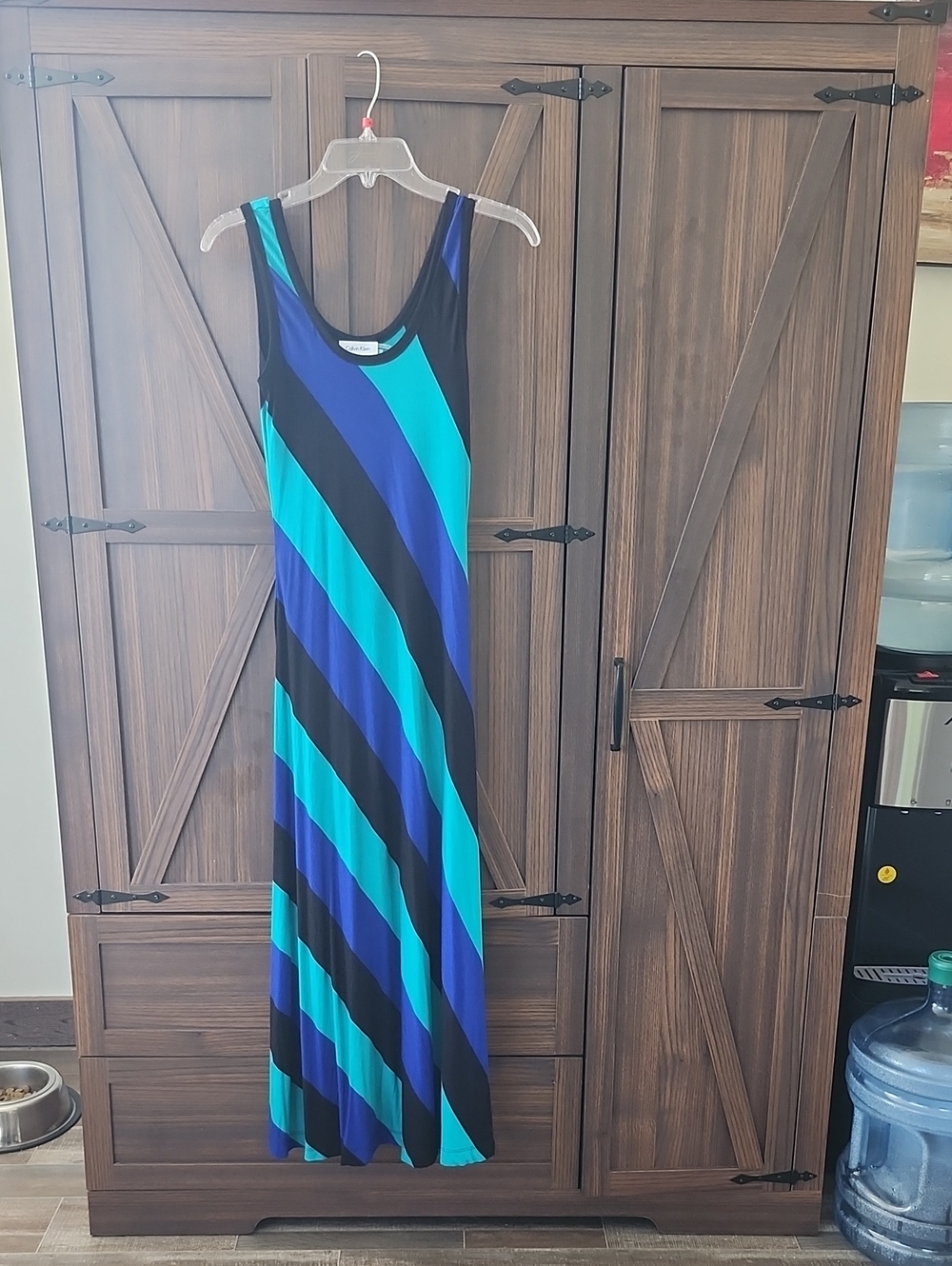 Calvin Klein Sleeveless Diagonal Stripe Maxi Dress in Teal, Royal Blue & Black